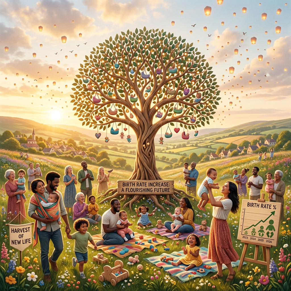 Diverse families with children around a large tree symbolizing birth rate increase