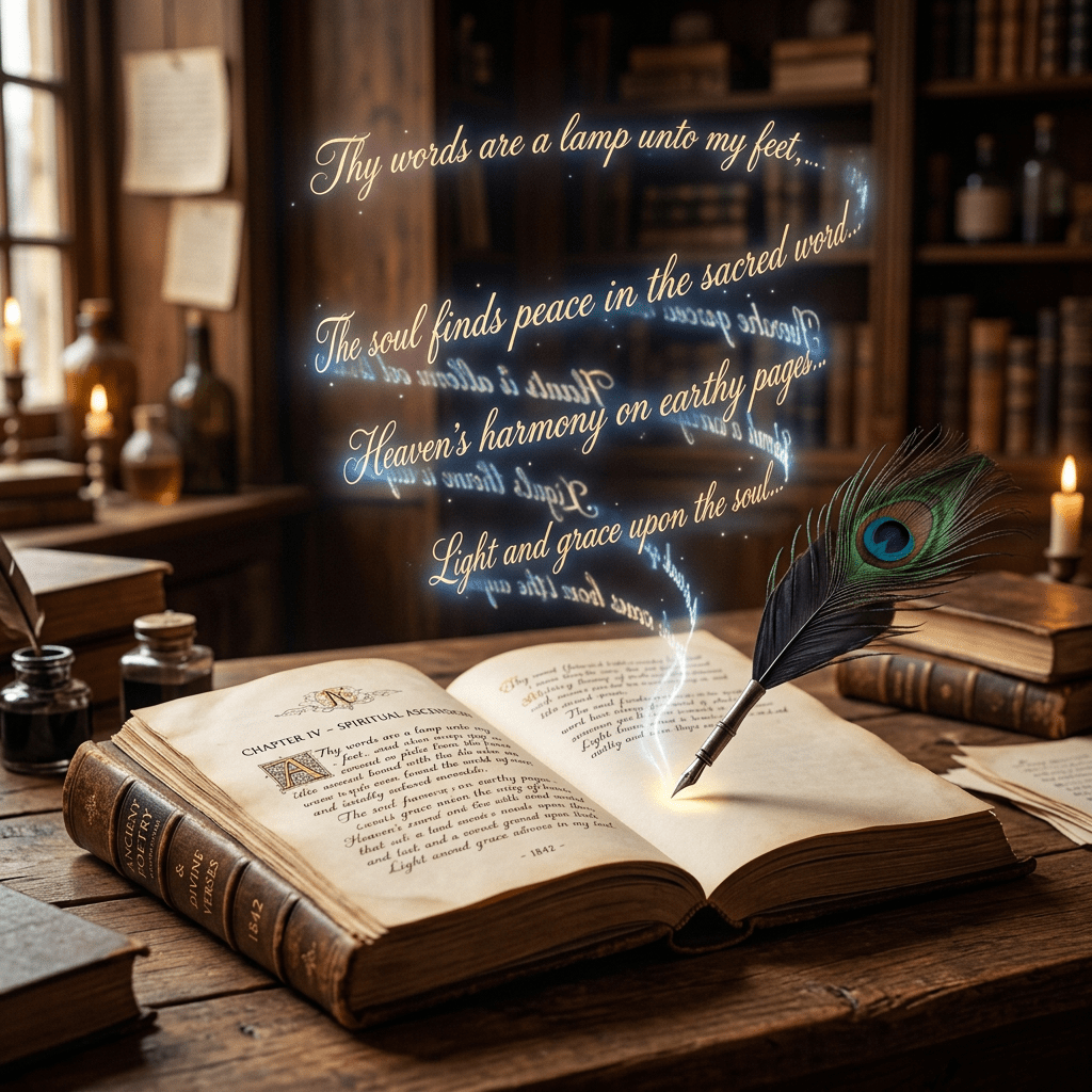 Open ancient book with glowing handwritten text floating above and feather quill pen