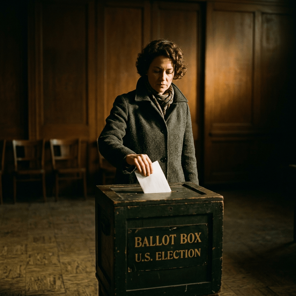 Woman placing ballot into U.S. election ballot box