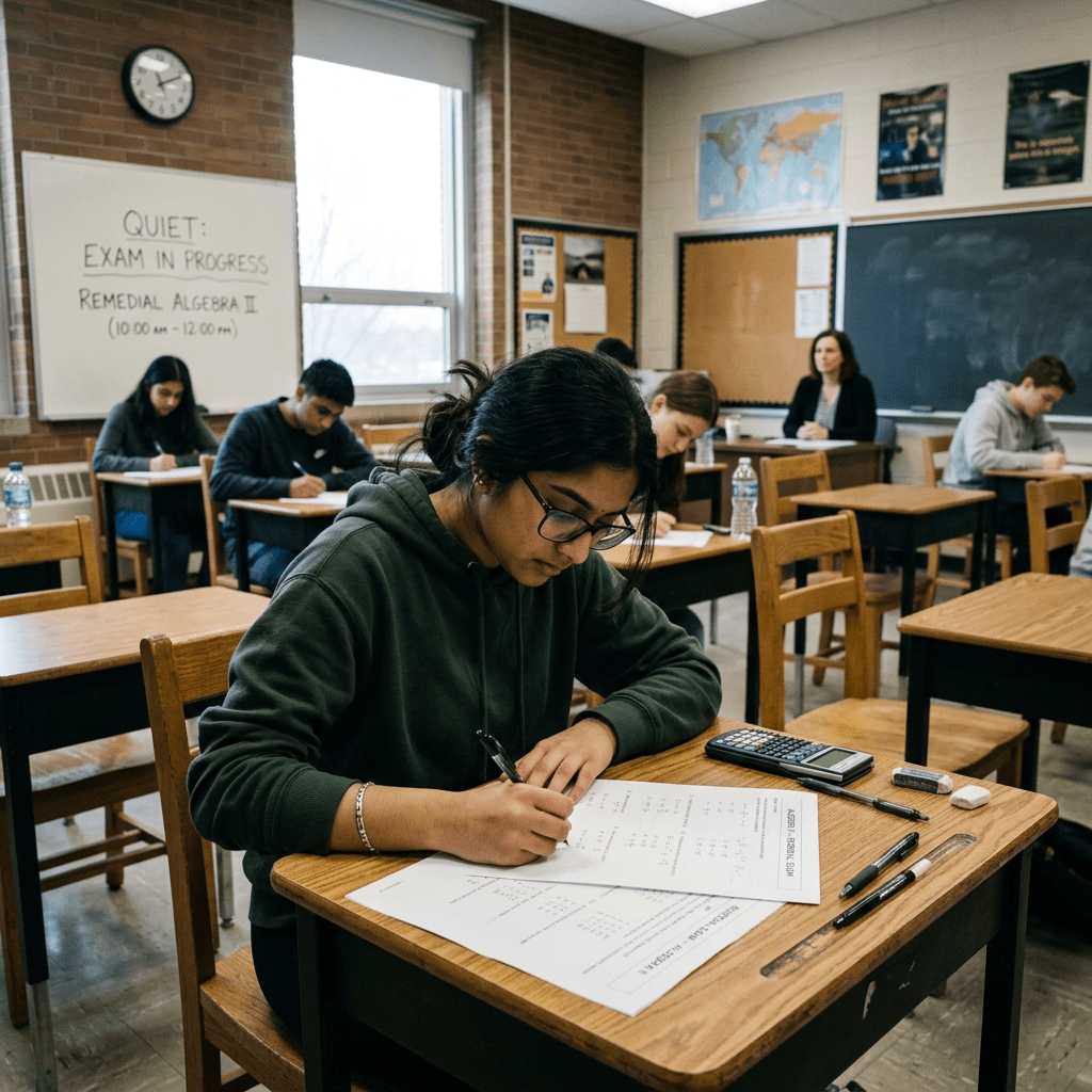 Students taking a remedial algebra II exam in a classroom with a 'Quiet: Exam in Progress' sign