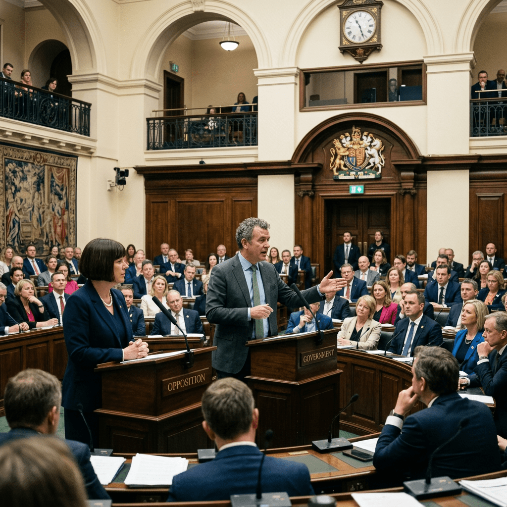 Two politicians at podiums labeled Opposition and Government speaking during a parliamentary session with attentive members seated around