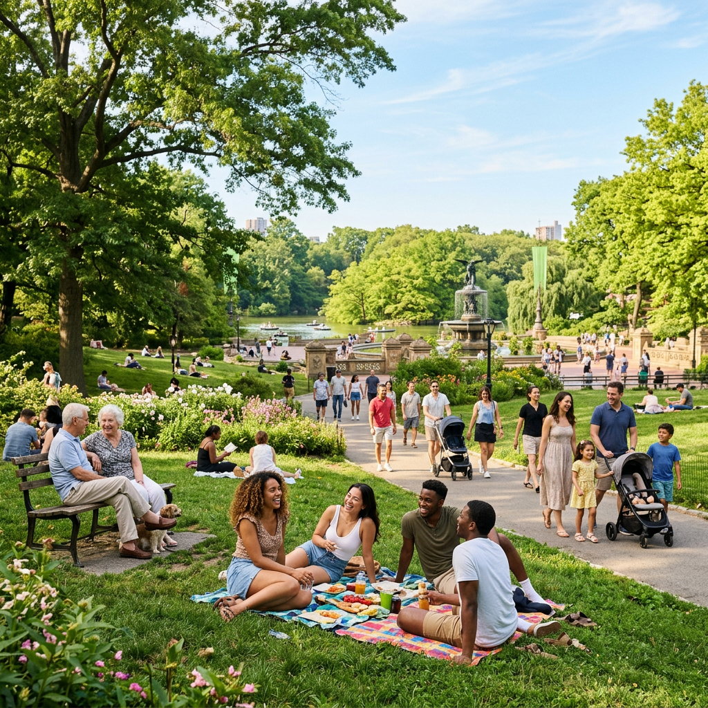 Peaceful sunny park with relaxed smiling people