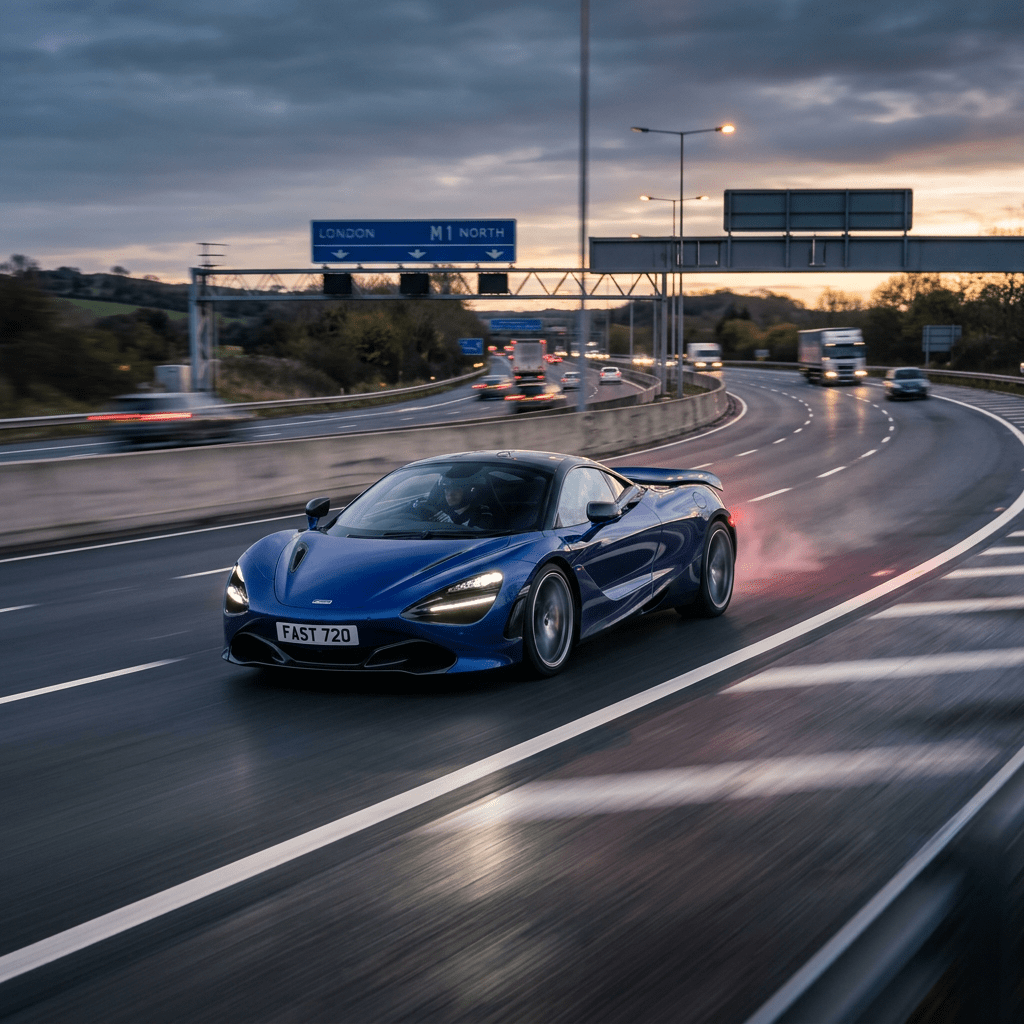 Blue McLaren 720S sports car driving on a highway with headlights on at dusk