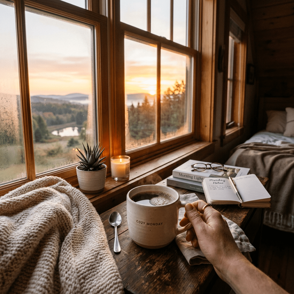 Hand holding coffee mug on wooden windowsill with notebook, books, candle, plant, and blanket overlooking sunset landscape