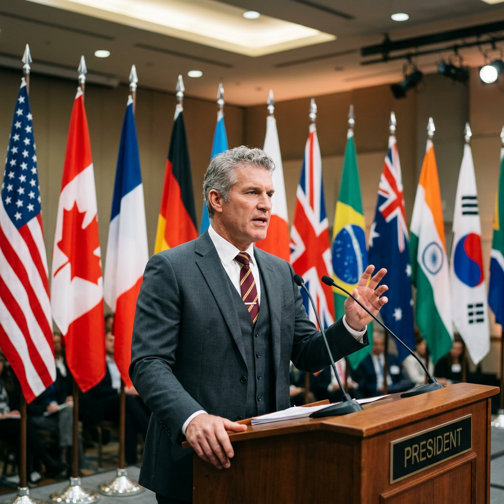 President speaking at podium with international flags in background