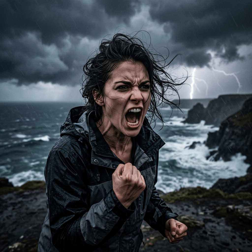 Woman shouting with clenched fist on stormy coast with lightning
