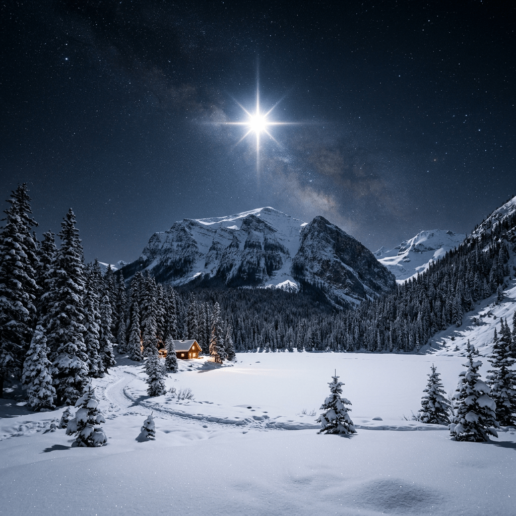 Snow-covered mountains and pine trees at night with a warmly lit cabin and a bright star in the sky