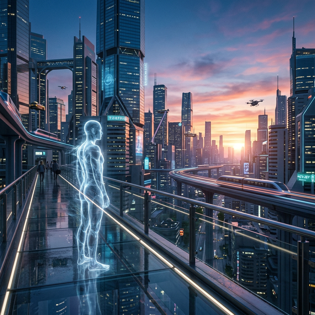 Holographic figure standing on glass walkway overlooking futuristic city with skyscrapers and flying drones at sunset