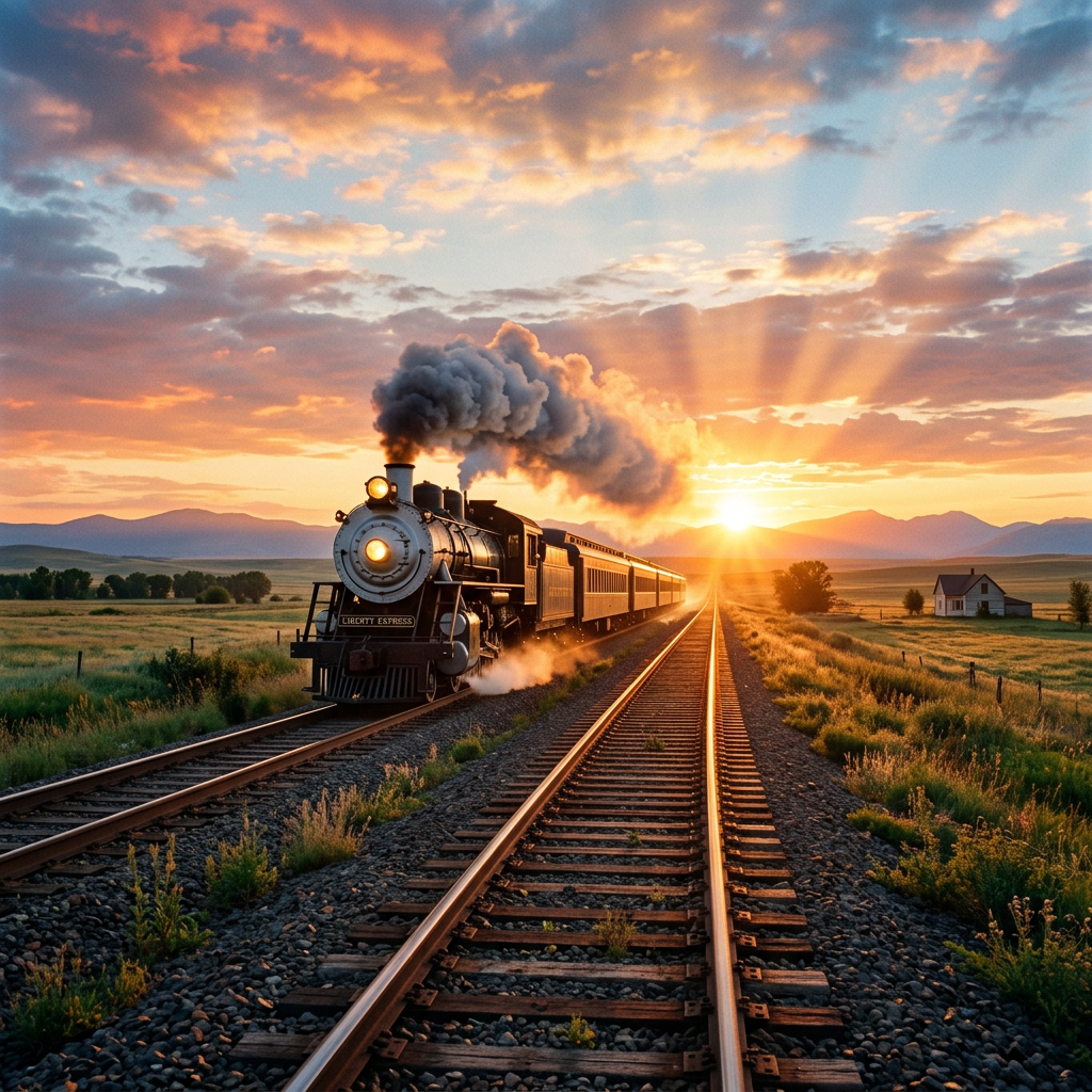 Steam locomotive labeled Liberty Express on railway tracks with sunset