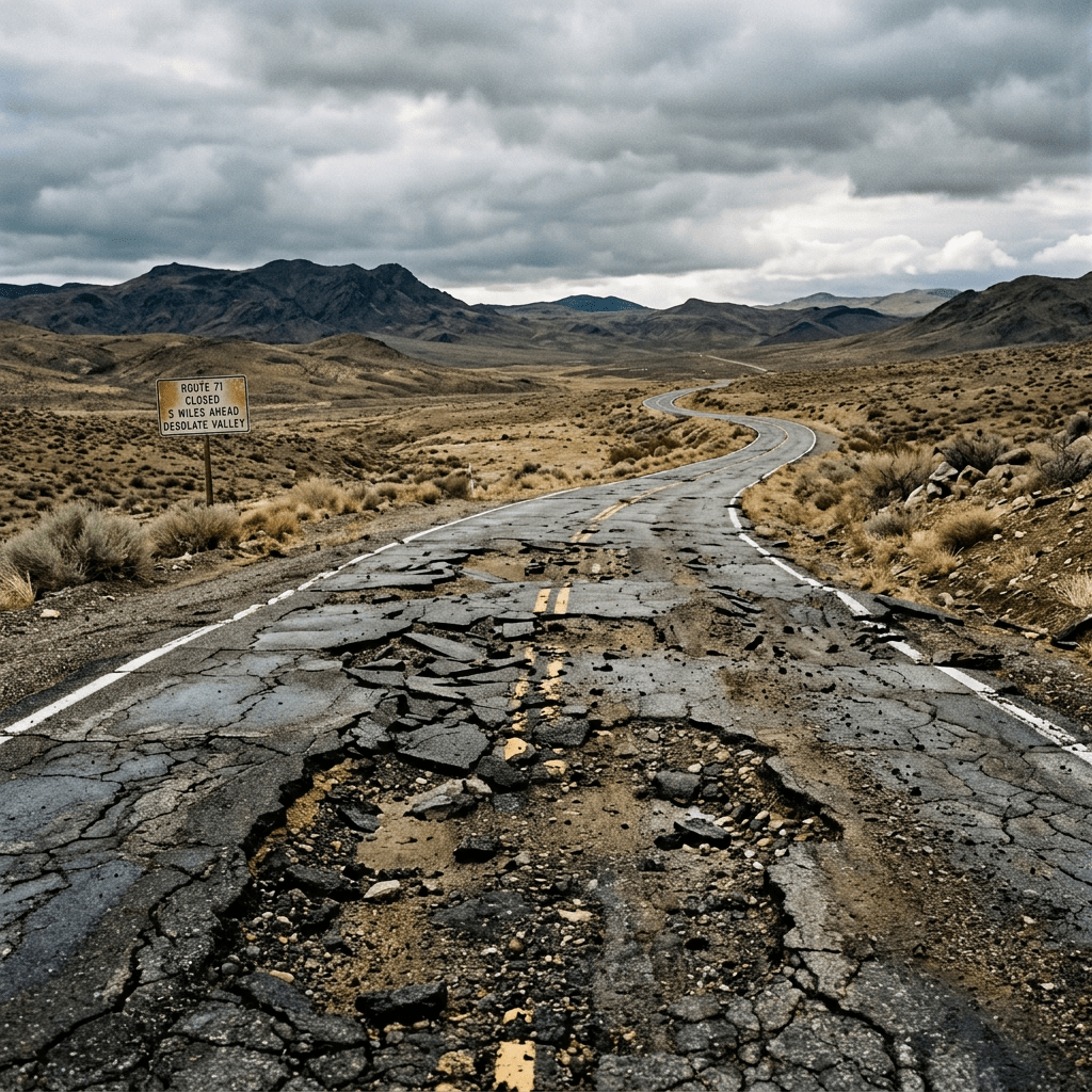 Damaged winding road with large cracks and potholes in a desert valley with mountains in the background