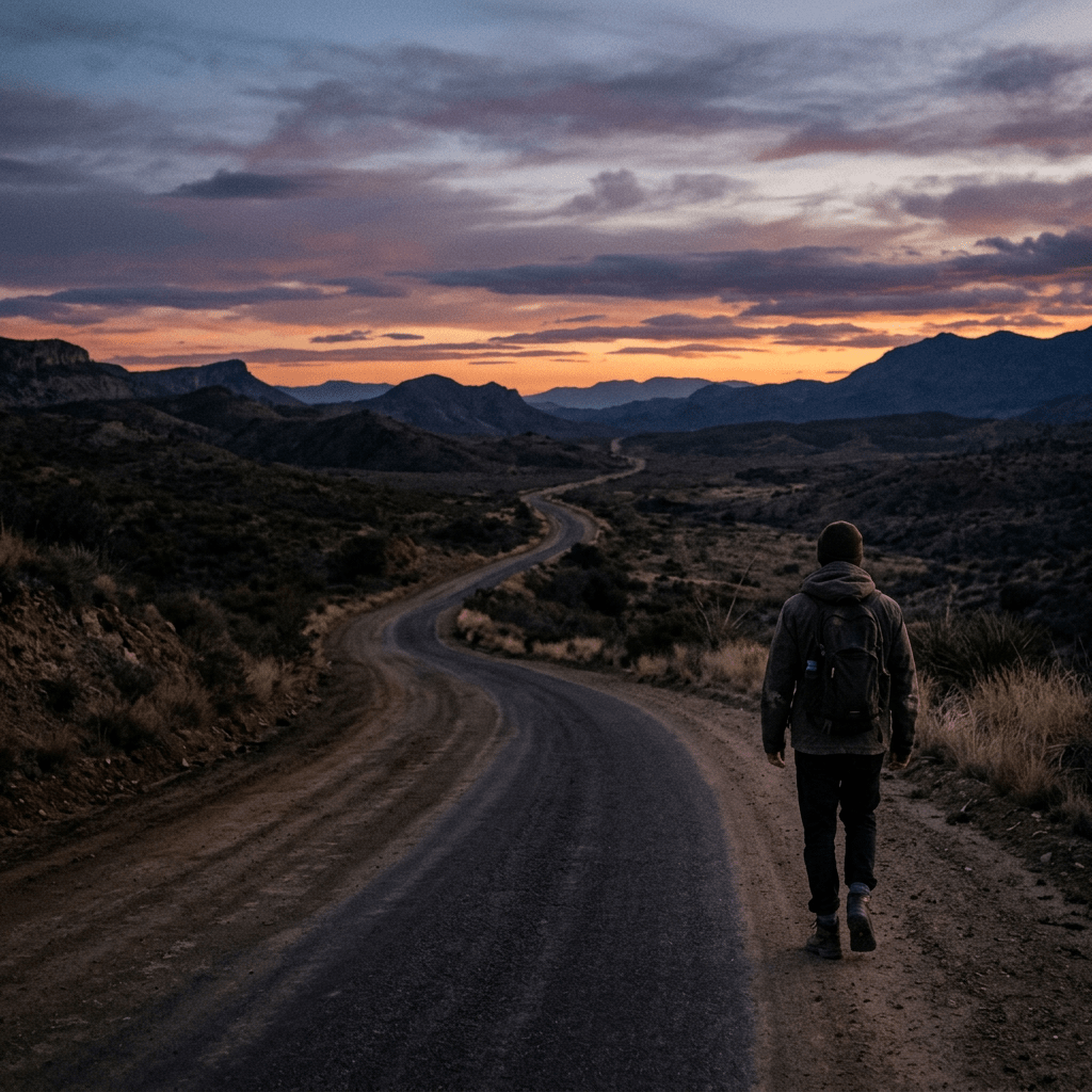A person walking on a winding road surrounded by mountains during sunset