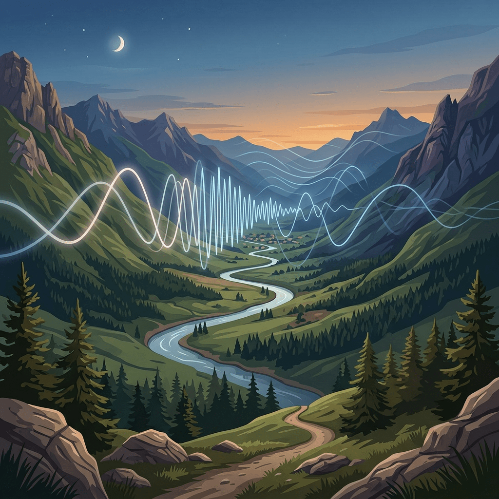 Mountain valley at sunset with river and superimposed sound waves