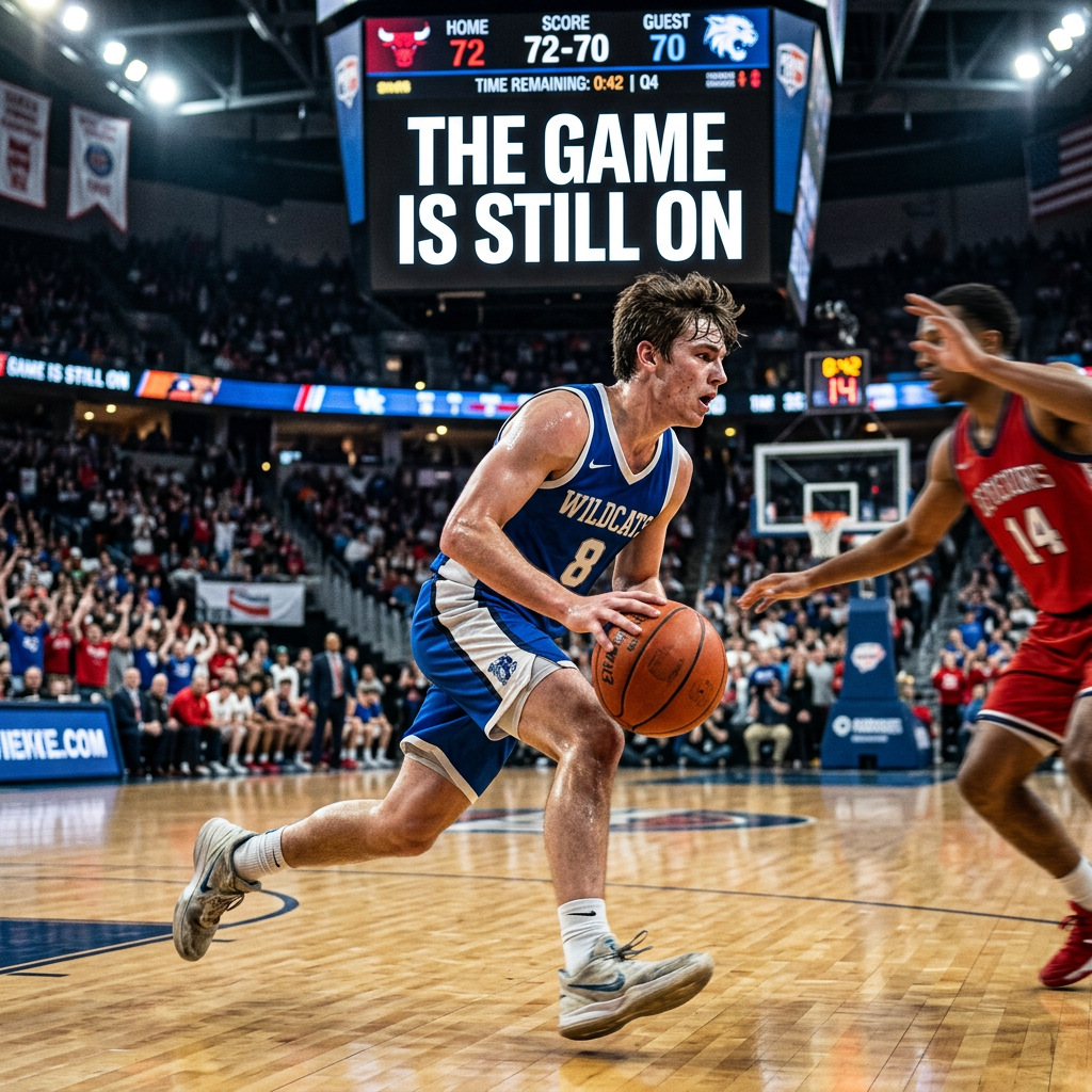 Basketball player in blue Wildcats jersey dribbling during close game