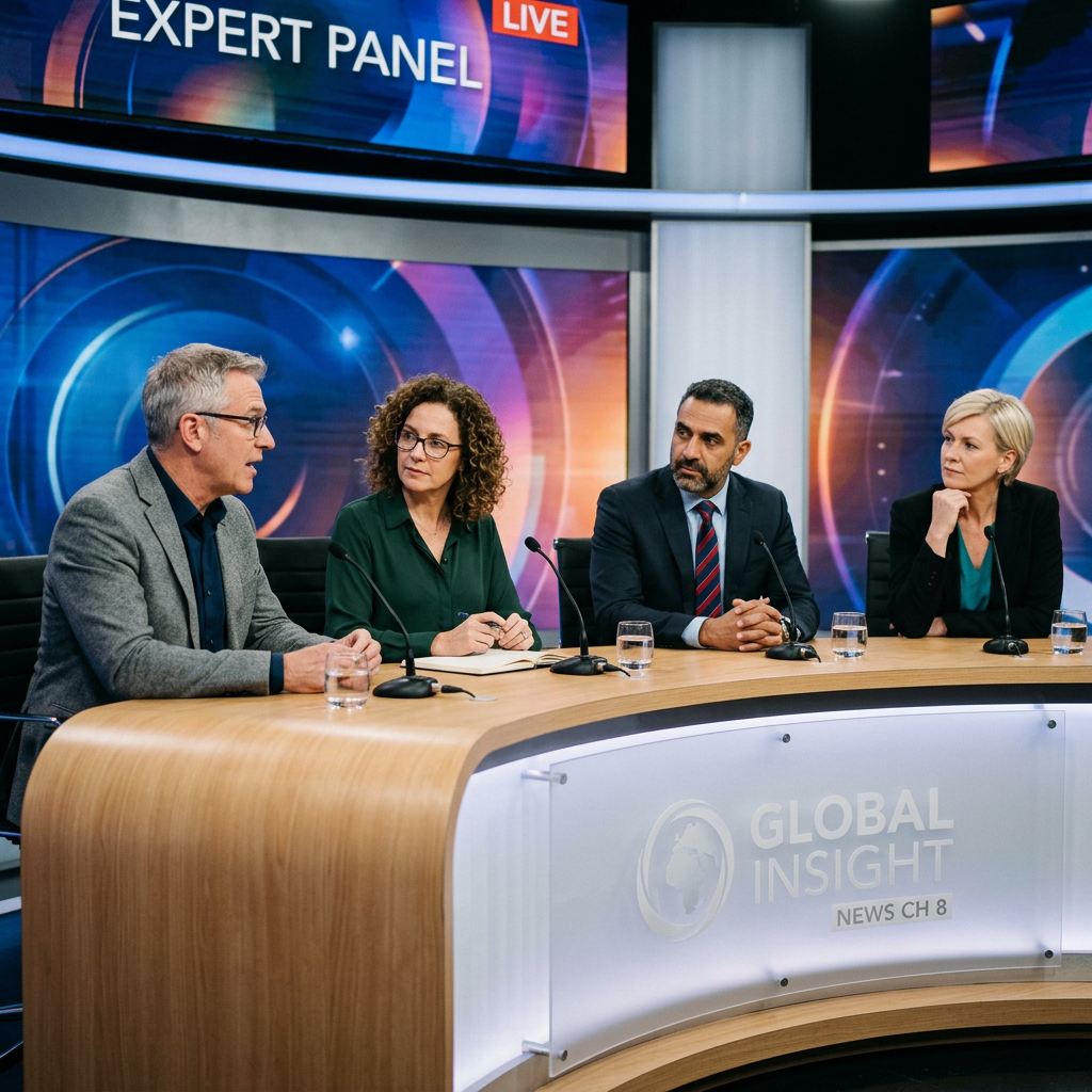 Four experts seated at a curved desk participating in a live news panel discussion