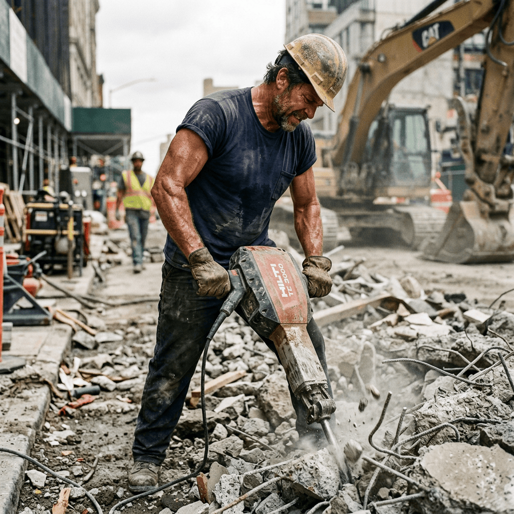 Construction worker operating a jackhammer breaking concrete rubble
