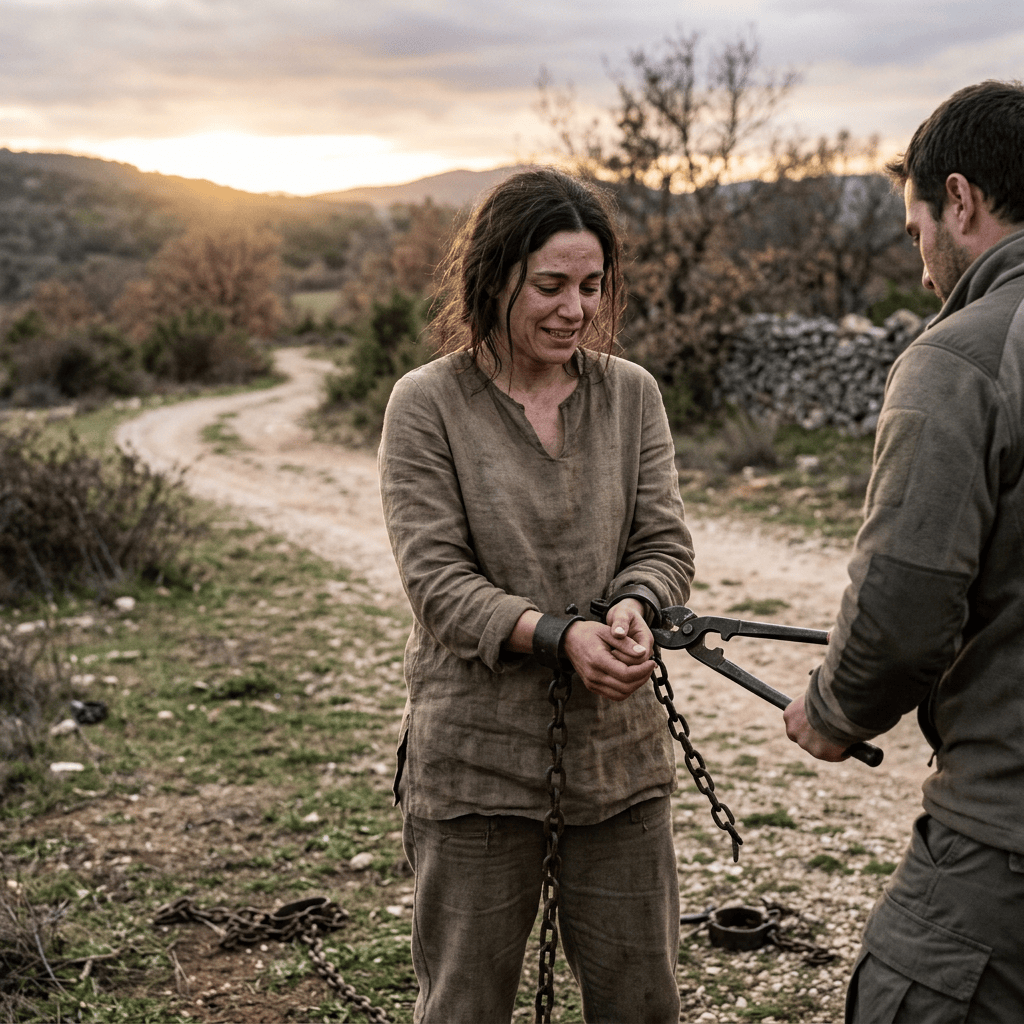 A woman with chained wrists smiling as a man cuts her chains with bolt cutters outdoors