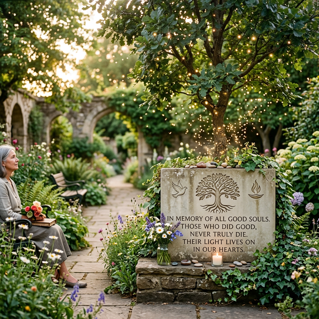 Memorial stone with lighted tree and woman sitting nearby holding flowers
