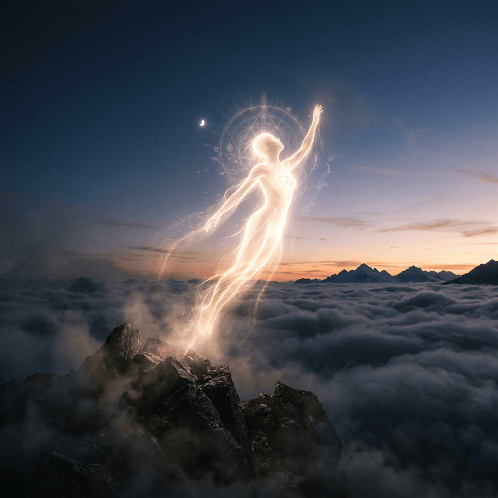 Glowing translucent human figure ascending from rocky mountain peak above clouds at sunrise