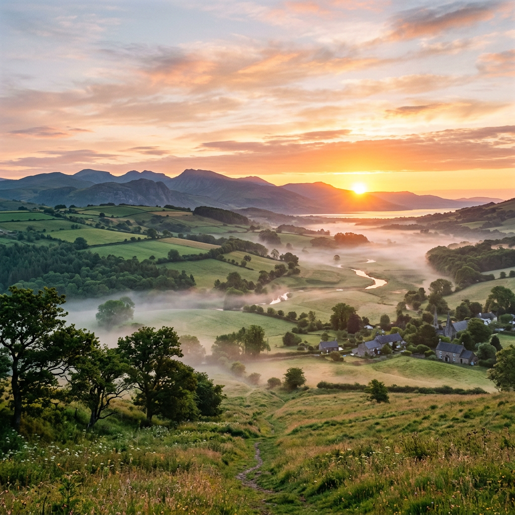 Sunrise over a mist-covered rural valley with green fields, scattered trees, a winding river, and hills in the background