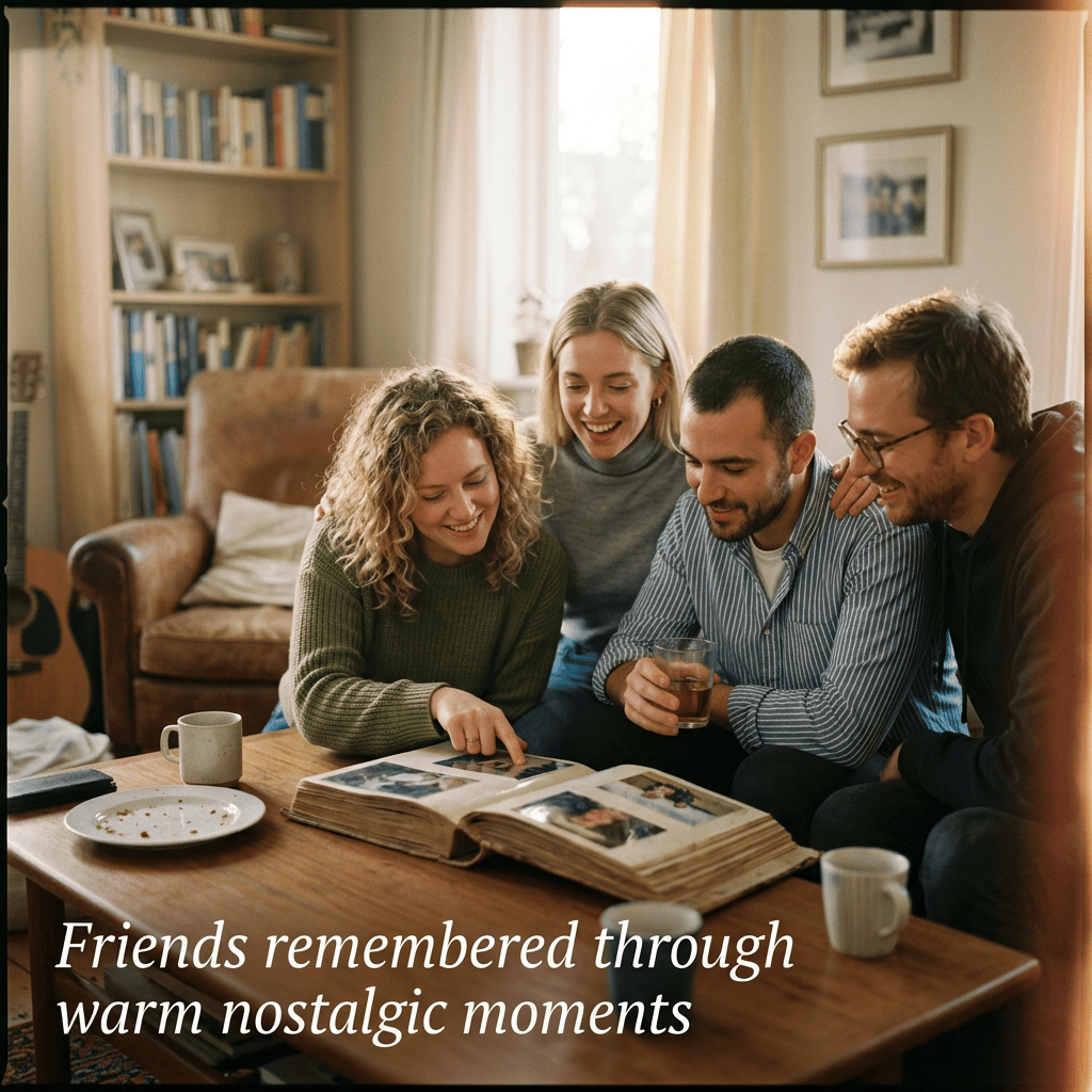 Four friends sitting together looking at an open photo album
