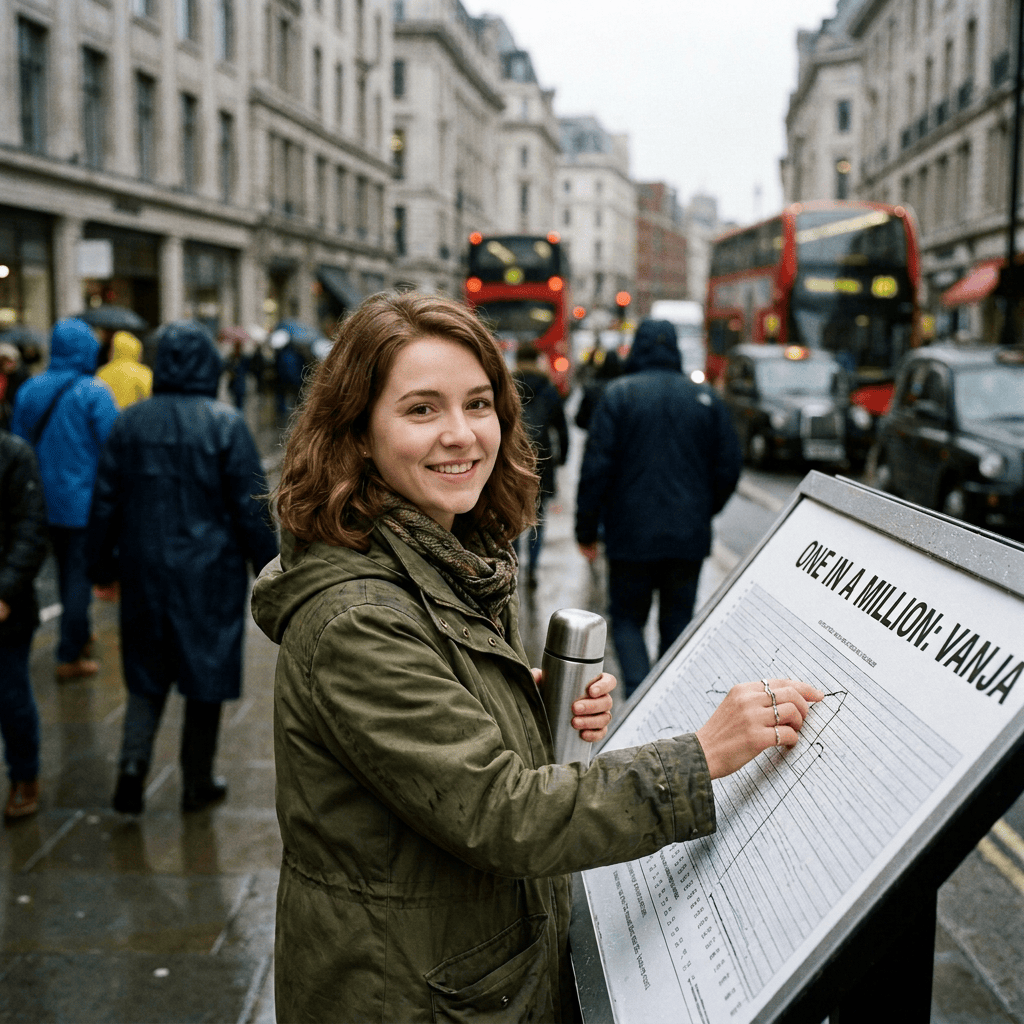 Woman in green jacket drawing on public exhibit board titled 'One in a Million: Vanja' on a rainy city street.