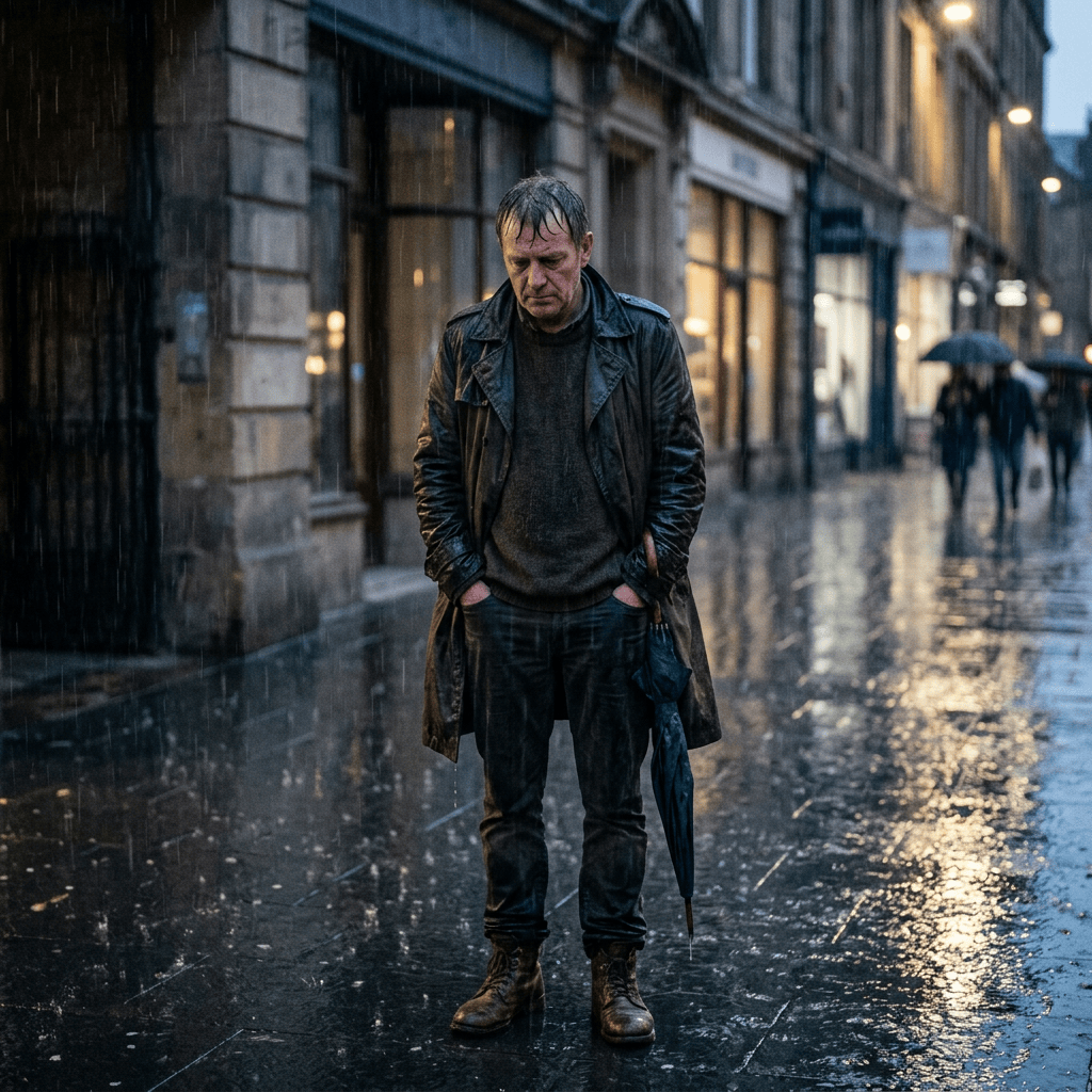Man standing in the rain on a wet city sidewalk holding a closed umbrella
