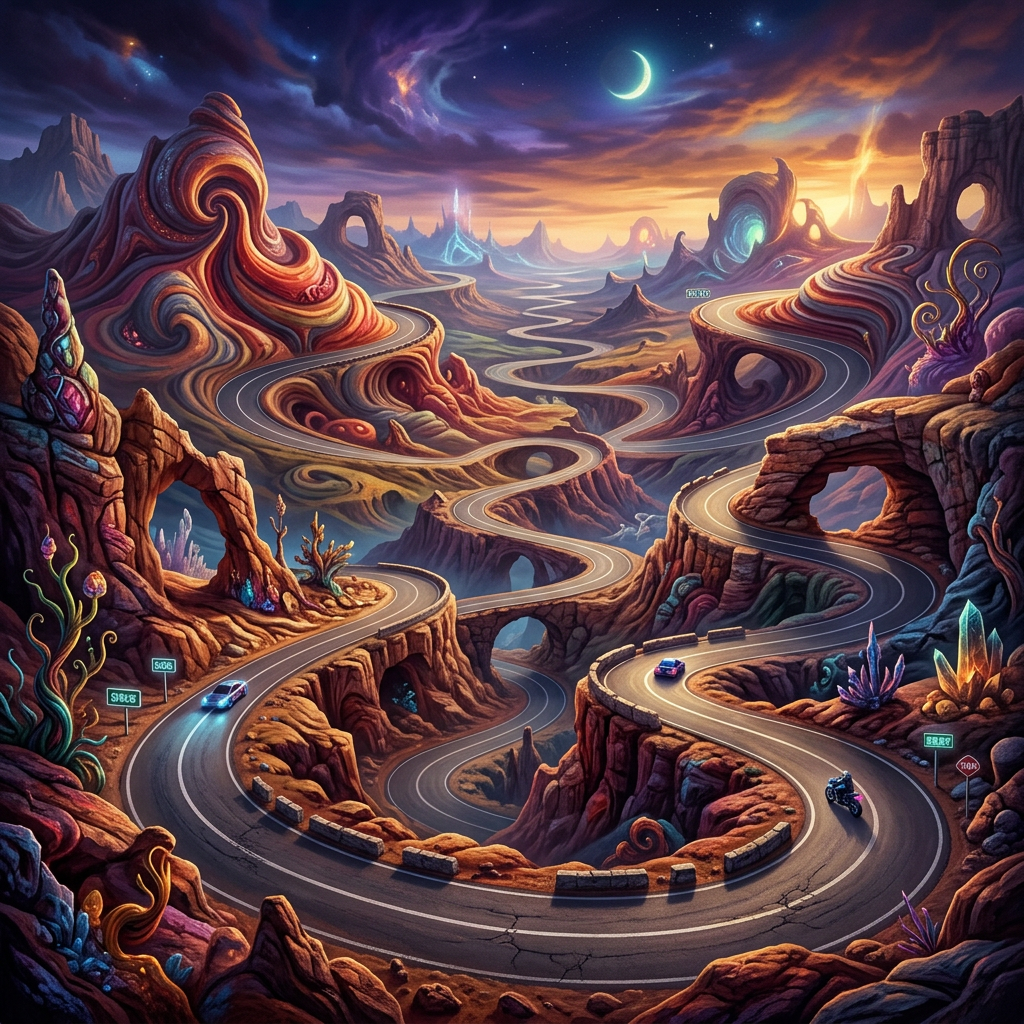 Winding highway through fantastical cliffs beneath a crescent moon