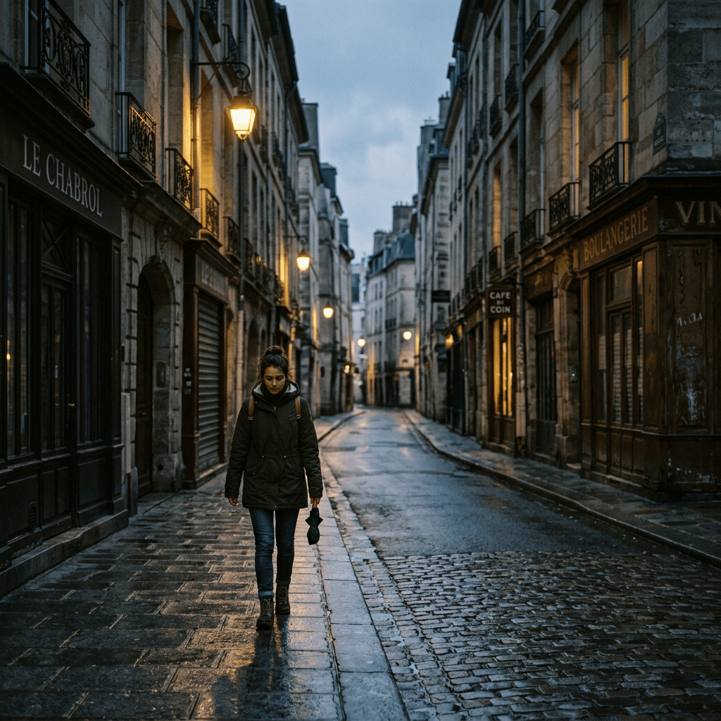 Person walking along a wet Paris street lined with cafés and shops