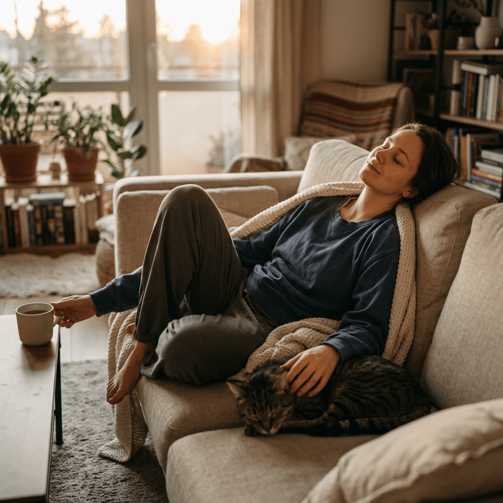 Woman resting on a sofa beside a sleeping cat and coffee