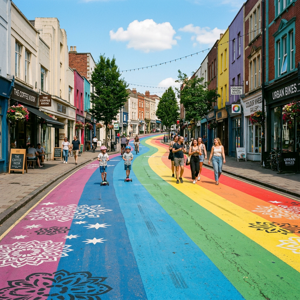 People walking and children riding scooters along a rainbow-painted street