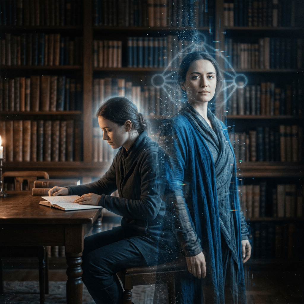 Scholar reading at a library table beside a glowing digital counterpart