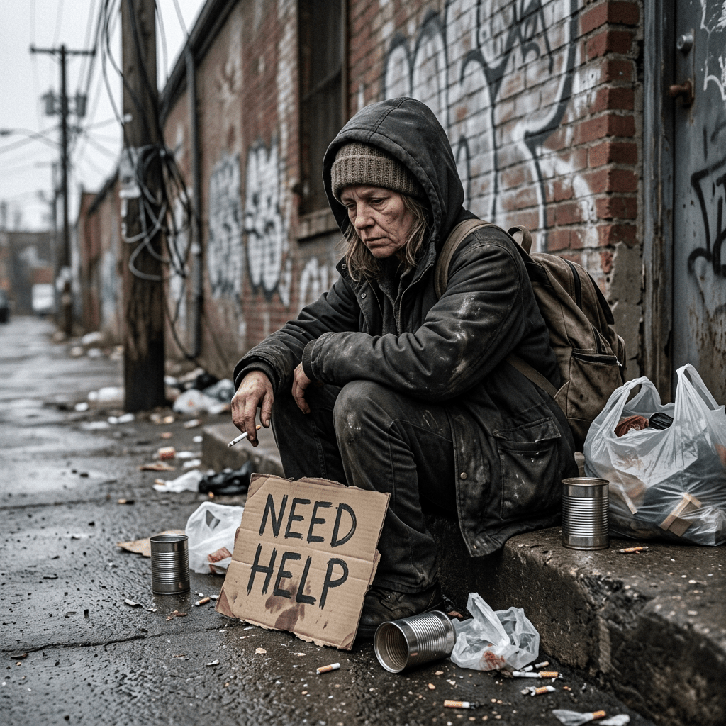 Person sitting in alley beside sign reading NEED HELP