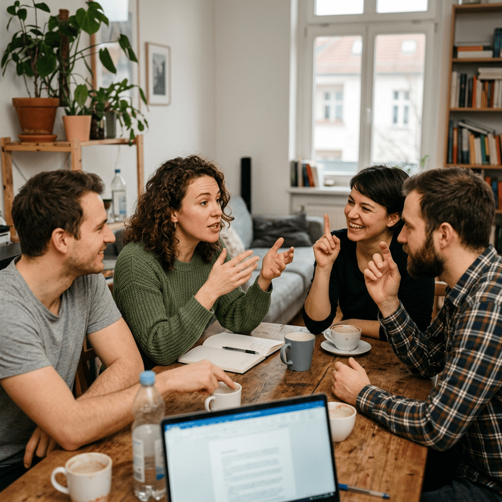 Four colleagues discussing ideas around a table with laptops, notebooks, and coffee
