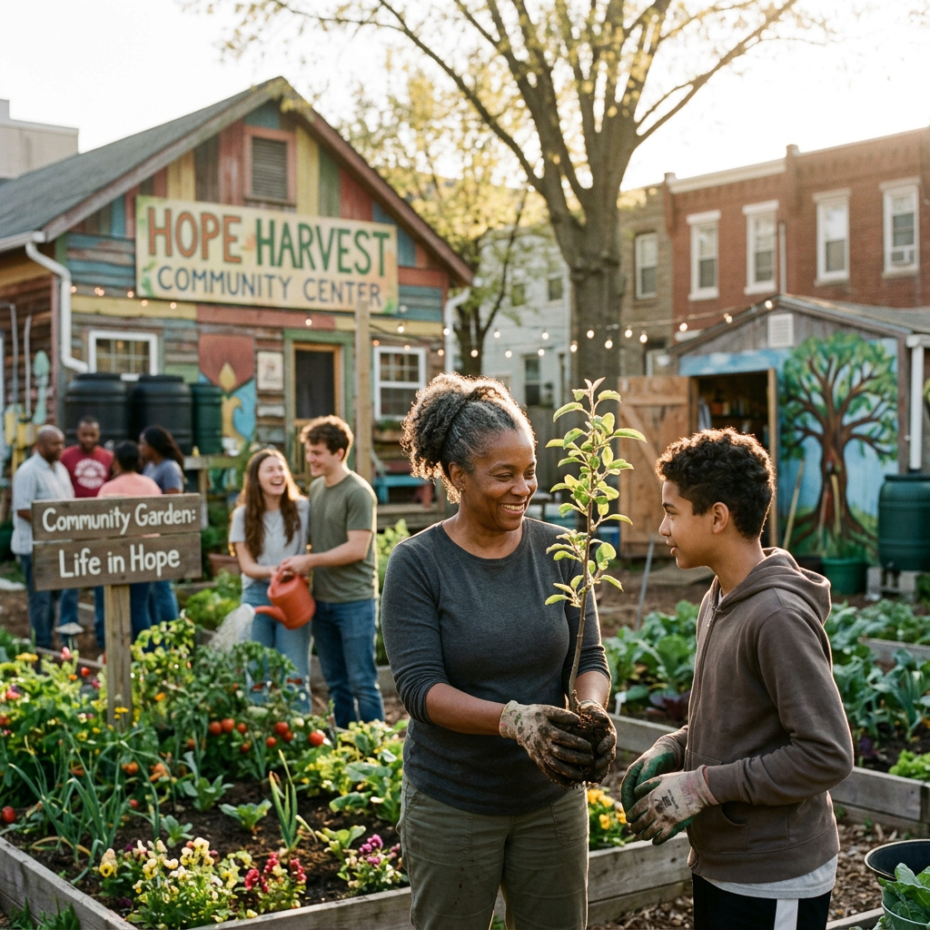 Woman and boy planting a tree in the Hope Harvest community garden