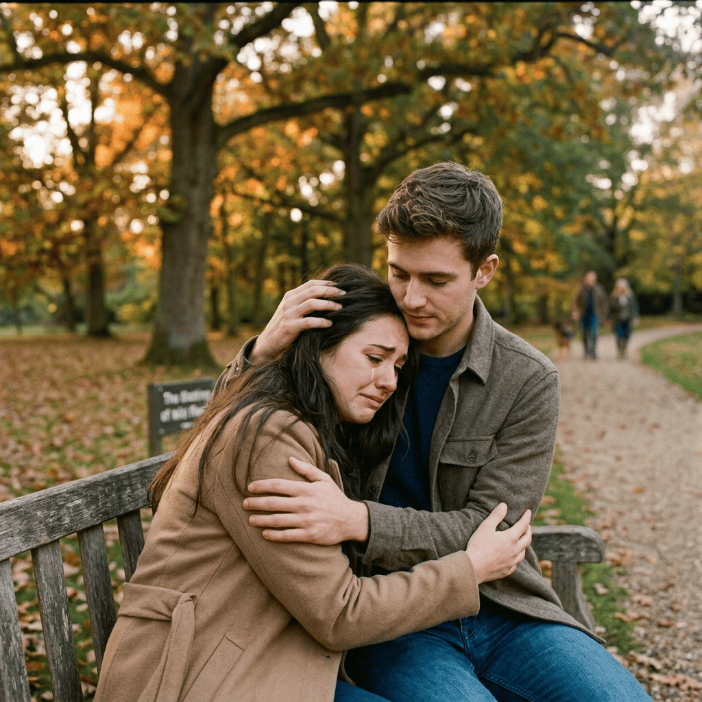 Two older women embrace on a park bench beneath autumn trees